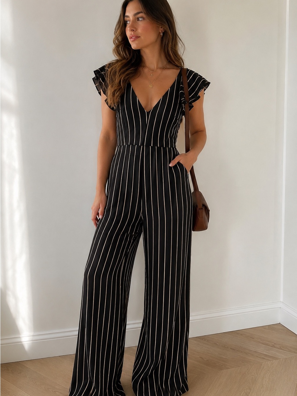Reformation Black Pinstripe Wide Leg Jumpsuit Open Back Size 6